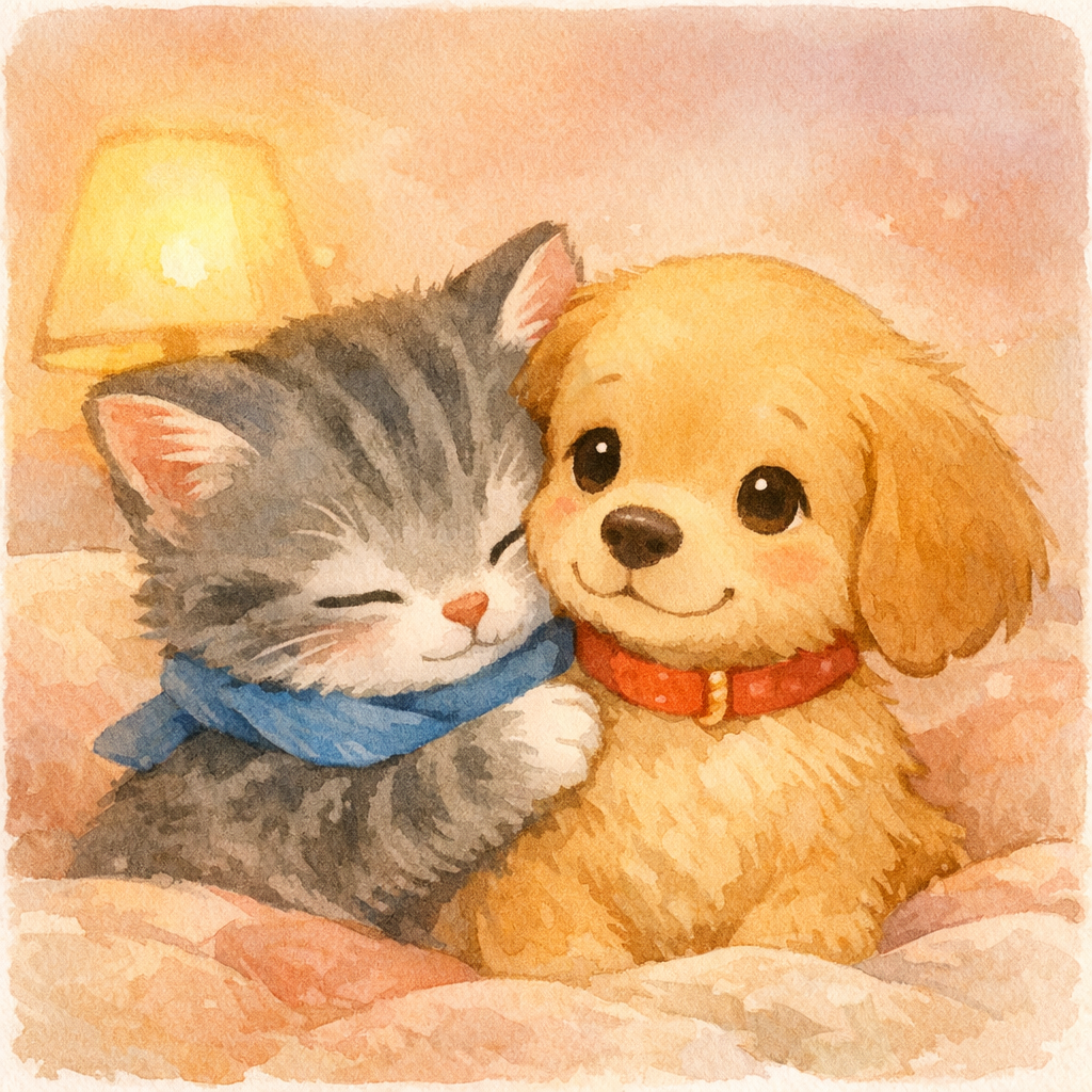 Window scene with gentle moonlight, Milo and Daisy looking out at a quiet night sky, curtains slightly open, peaceful tones