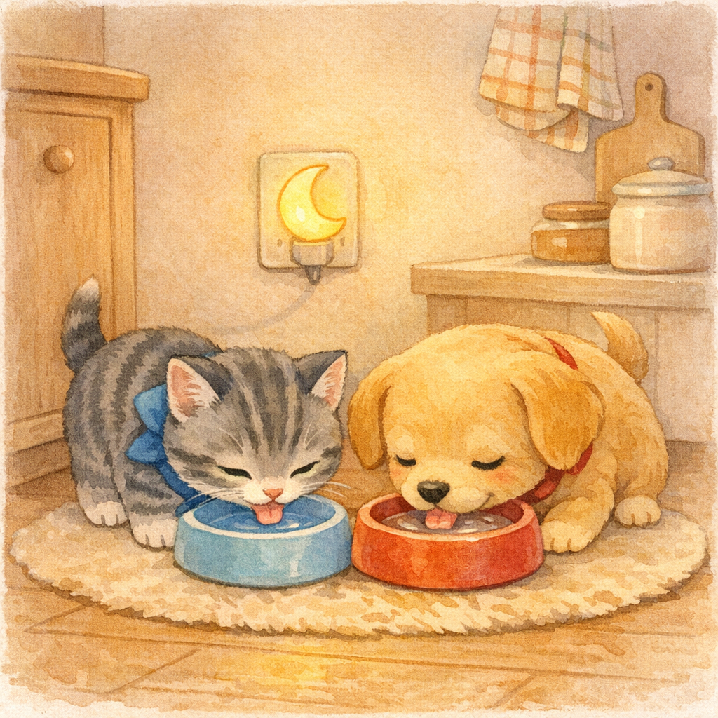 Small pet water bowl in a cozy kitchen corner, Miko and Dottie taking gentle sips near a soft mat, warm night light, simple clean setting