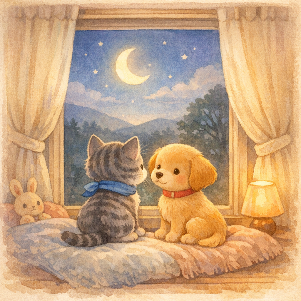 Window scene with gentle moonlight, Miko and Dottie sitting together by a window, moon and stars outside, peaceful bedtime tones