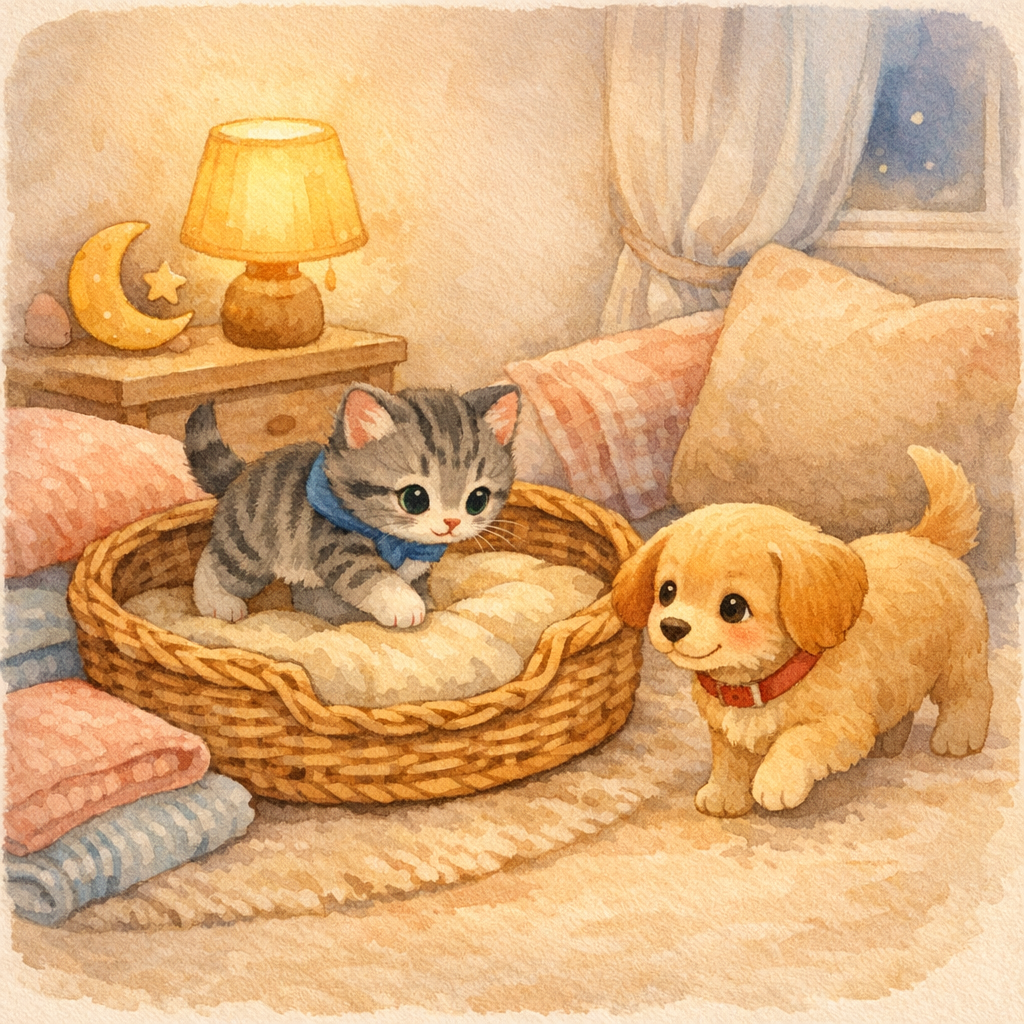 Final peaceful bedtime scene, Miko and Dottie asleep together in a cozy basket with soft blankets, warm lamplight and gentle moonlight, warm pastels