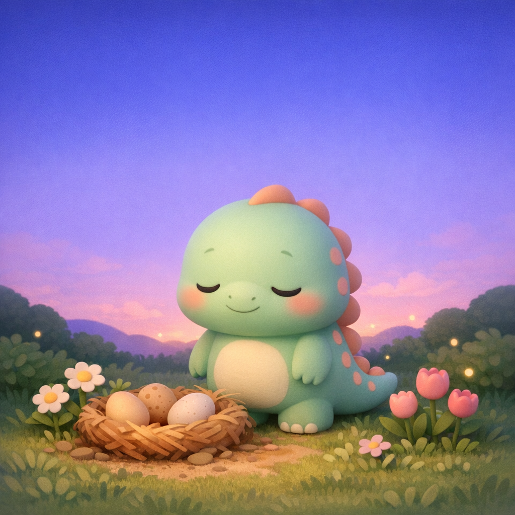 Nori in a grassy garden at twilight, standing near a small nest area, wide sky fading from blue to purple, soft glow near the horizon, simple flowers nearby, centered composition with open space above